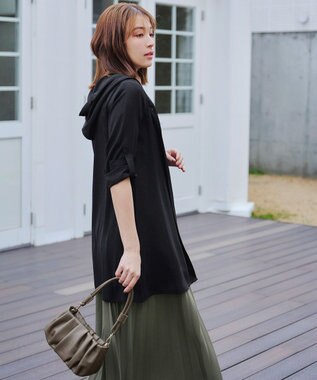 Tiaclasse 【新色追加・洗える】麻調パーカーチュニックブラウス ブラック