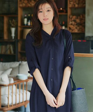 Tiaclasse 【新色追加・洗える】麻調パーカーチュニックブラウス ネイビー