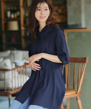 Tiaclasse 【新色追加・洗える】麻調パーカーチュニックブラウス ネイビー