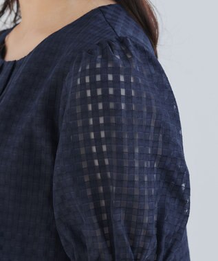 Tiaclasse 【洗える】シアーチェックパフスリーブチュニックブラウス ネイビー