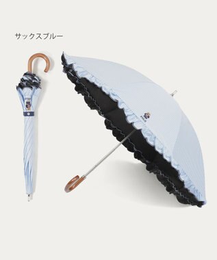 MOONBAT 【WEB限定/遮光率100%/遮熱/UV】POLO RALPH LAUREN（ポロ ラルフローレン）晴雨兼用日傘 ワンポイント ポロベア刺繍 フリル 長傘 サックスブルーストライプ