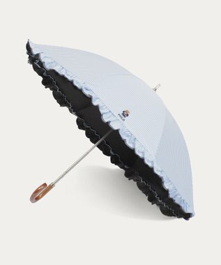 MOONBAT 【WEB限定/遮光率100%/遮熱/UV】POLO RALPH LAUREN（ポロ ラルフローレン）晴雨兼用日傘 ワンポイント ポロベア刺繍 フリル 長傘 サックスブルーストライプ