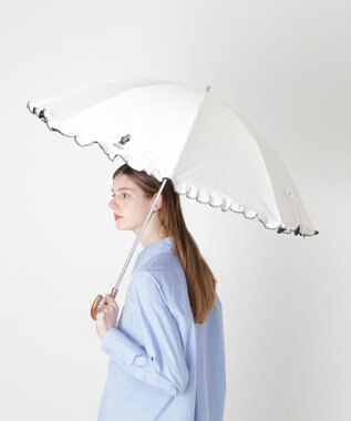 MOONBAT 【WEB限定/遮光率100%/遮熱/UV】POLO RALPH LAUREN（ポロ ラルフローレン）晴雨兼用日傘 ワンポイント ポロベア刺繍 フリル 折りたたみ傘 長折タイプ オフホワイト