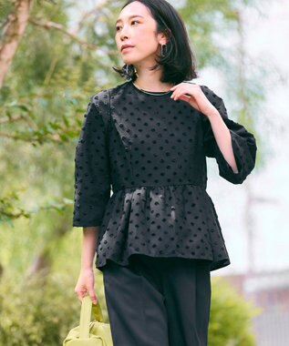 #Newans 【洗濯機可】ジャガ―ドドットペプラムブラウス ネイビー