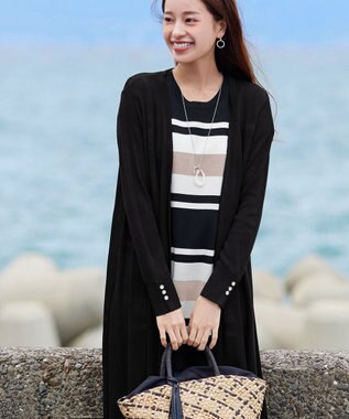 Tiaclasse 【洗える】ボタン付きロングリブカーディガン ブラック