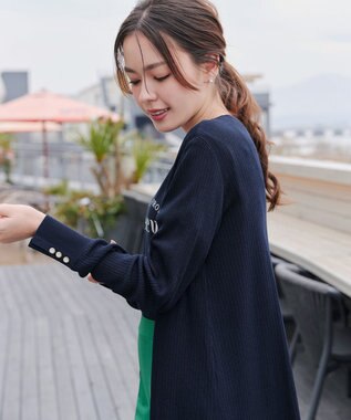 Tiaclasse 【洗える】ボタン付きロングリブカーディガン ネイビー