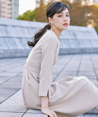 Tiaclasse L 【洗える】アシンメトリータックフレアワンピース ベージュ