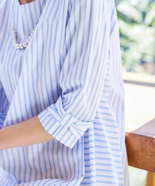 Tiaclasse L 【洗える】リボンスリーブストライプチュニックブラウス オフホワイト×サックスストライプ