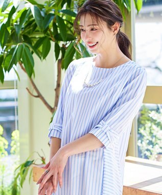 Tiaclasse L 【洗える】リボンスリーブストライプチュニックブラウス オフホワイト×サックスストライプ