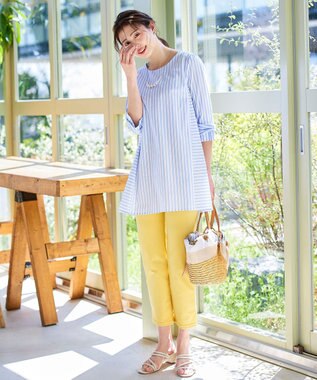 Tiaclasse L 【洗える】リボンスリーブストライプチュニックブラウス オフホワイト×サックスストライプ