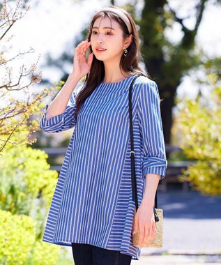Tiaclasse L 【洗える】リボンスリーブストライプチュニックブラウス ブルー×オフストライプ