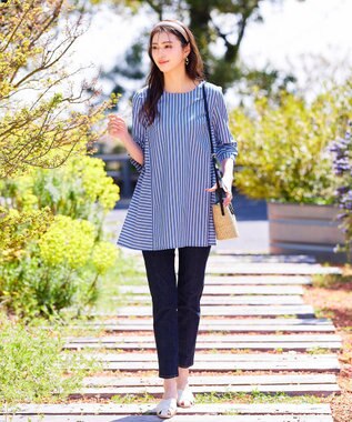 Tiaclasse L 【洗える】リボンスリーブストライプチュニックブラウス ブルー×オフストライプ