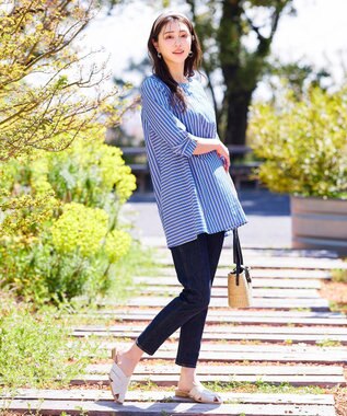 Tiaclasse L 【洗える】リボンスリーブストライプチュニックブラウス ブルー×オフストライプ