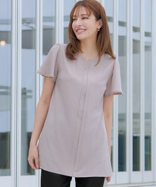 Tiaclasse 【洗える】フロントタックフレアスリーブチュニックブラウス グレージュ