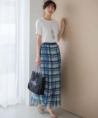 23区 L 【WEB&一部店舗限定/洗える】手書き風チェックプリント ギャザー スカート ブルーチェック