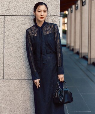 ICB 【洗える】ナイロンラッセルレース バンドカラーシャツ ネイビー系