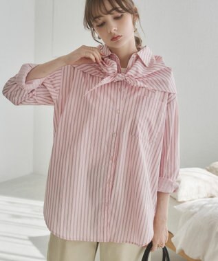 WEGO 【ANGIE VINTAGE】スカーフ付きオーバーサイズストライプシャツ ピンクソノタ