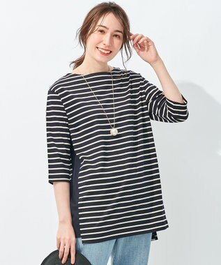 自由区 【洗える/UVケア】ボーダー ボートネックデザインカットソー ネイビー系1