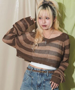 WEGO ダメージボーダーショートニット ブラウン