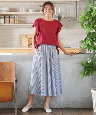 ANY 【ウエストゴム/ポケット付】シャンブレーライク フレアスカート ストライプ