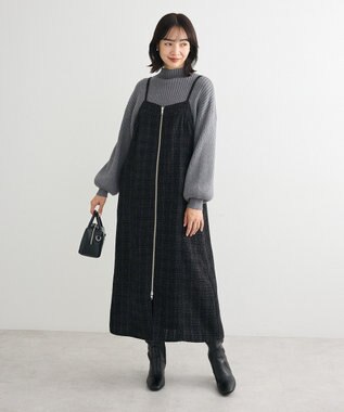 Green Parks フロントＺＩＰツイードキャミワンピース Black