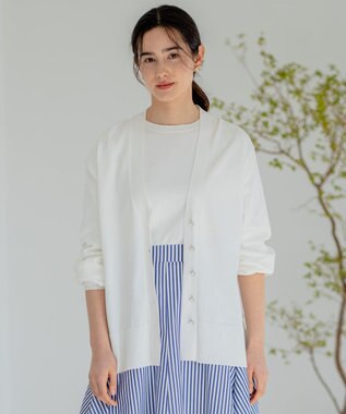 組曲 【ビジューボタン・アンサンブル対応】ハイゲージ ロングVネックカーディガン アイボリー系