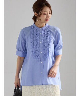 Te chichi フロントフリル5分袖ブラウス サックスブルー