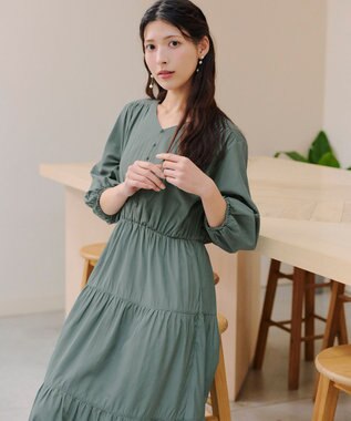 Tiaclasse 【2WAY・洗える】パフスリーブティアードマキシワンピース ライトグリーン