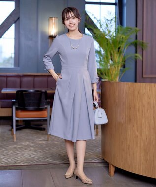 Tiaclasse L 【洗える】アシンメトリータックフレアワンピース ブルー