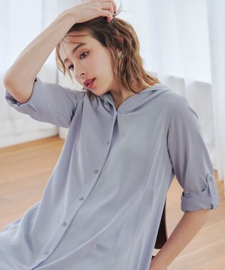 Tiaclasse 【新色追加・洗える】麻調パーカーチュニックブラウス サックス