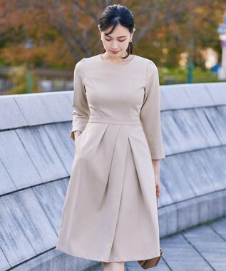 Tiaclasse L 【洗える】アシンメトリータックフレアワンピース ベージュ