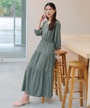 Tiaclasse 【2WAY・洗える】パフスリーブティアードマキシワンピース ライトグリーン
