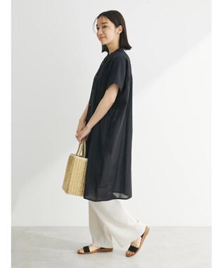 Green Parks インド綿　パイピングバンドカラーシャツチュニック Black