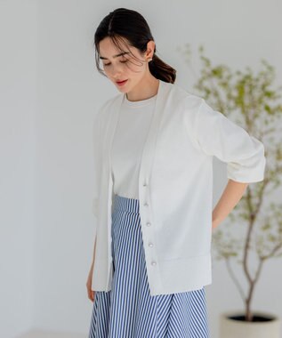 組曲 【ビジューボタン・アンサンブル対応】ハイゲージ ロングVネックカーディガン アイボリー系