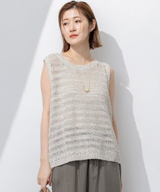 【洗える】テープミックススカシ ノースリーブ ニット