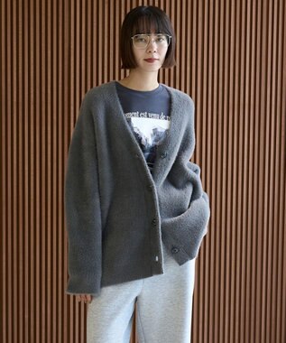 UNFILO ナイロンシャギー Vネックカーディガン チャコール