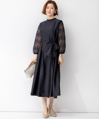 23区 【APPLAUDIR】ノーブルサテン リボンブーケレースコンビ ドレス ネイビー系
