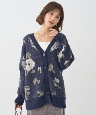 earth music&ecology フラワージャガードラメシャギーカーディガン Navy