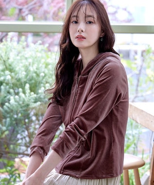 Tiaclasse L 【洗える】ベロアショートパーカー ピンク