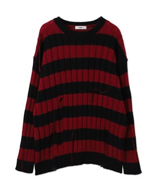 WEGO ボーダーワイドリブダメージニット レッド