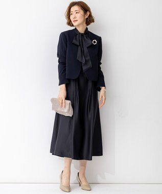 23区 【APPLAUDIR】ノーブルサテン リボンブーケレースコンビ ドレス ネイビー系