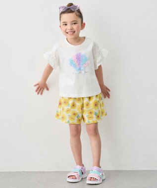 ANY KIDS 【綿100%】ひんやり フリル袖 もしゃもしゃTシャツ オフホワイト×シェル