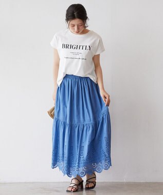 Feroux 【洗える】刺繍ティアード スカート ブルー系