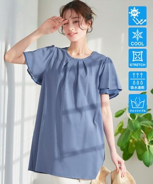 Tiaclasse 【UVケア・接触冷感】“あまラク” シフォンフレアスリーブカットソーチュニック ブルー