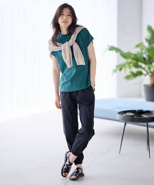 ANY 【UVケア/接触冷感】モックネックフレンチスリーブＴシャツ ピーコックグリーン