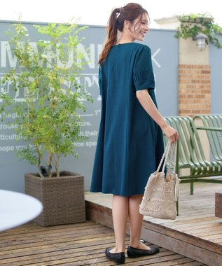 Tiaclasse L 【洗える】ギャザーランタンスリーブワンピース ターコイズ