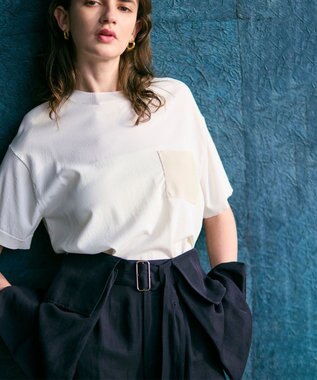 【洗える】NADIA / レザーポケット付き半袖ニットTシャツ