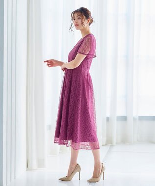 Tiaclasse L 【洗える】フレアスリーブ総レースワンピース モーヴピンク
