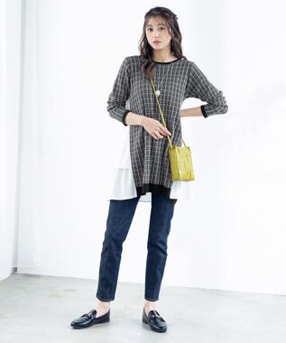 Tiaclasse 【洗える】ツイード2段フレアチュニックブラウス ブラック