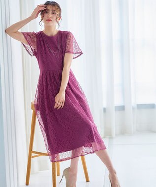 Tiaclasse L 【洗える】フレアスリーブ総レースワンピース モーヴピンク